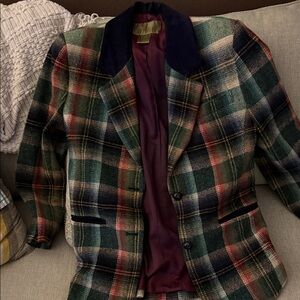Green Plaid Women’s  Sport Coat with Velvet Collar